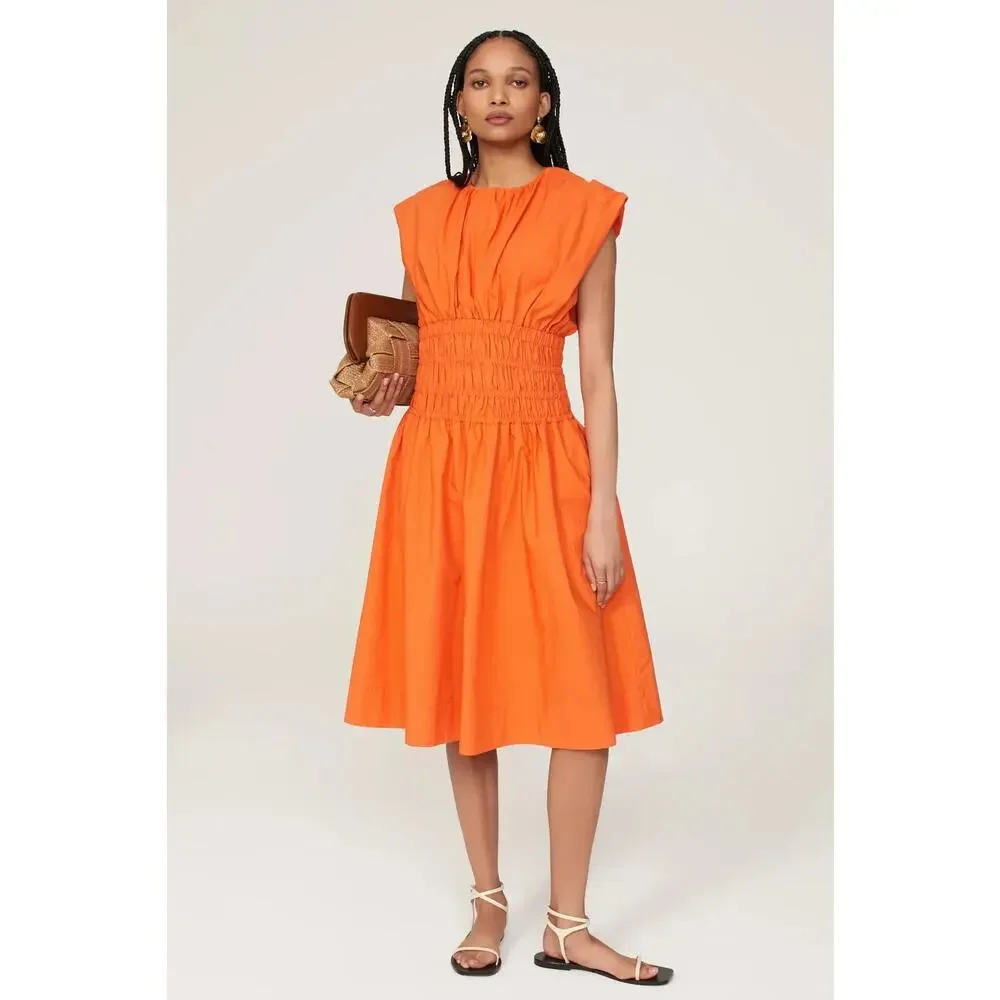 Eudon Choi Dress Batwing Sleeve Smocked Waist Tie Back Midi A-Line Orange 16